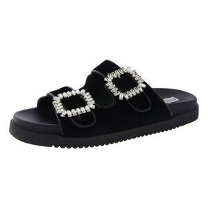 STEVE MADDEN Double Strap MYSTIK Black Velvet Crystal Buckle Slide Sandals 8